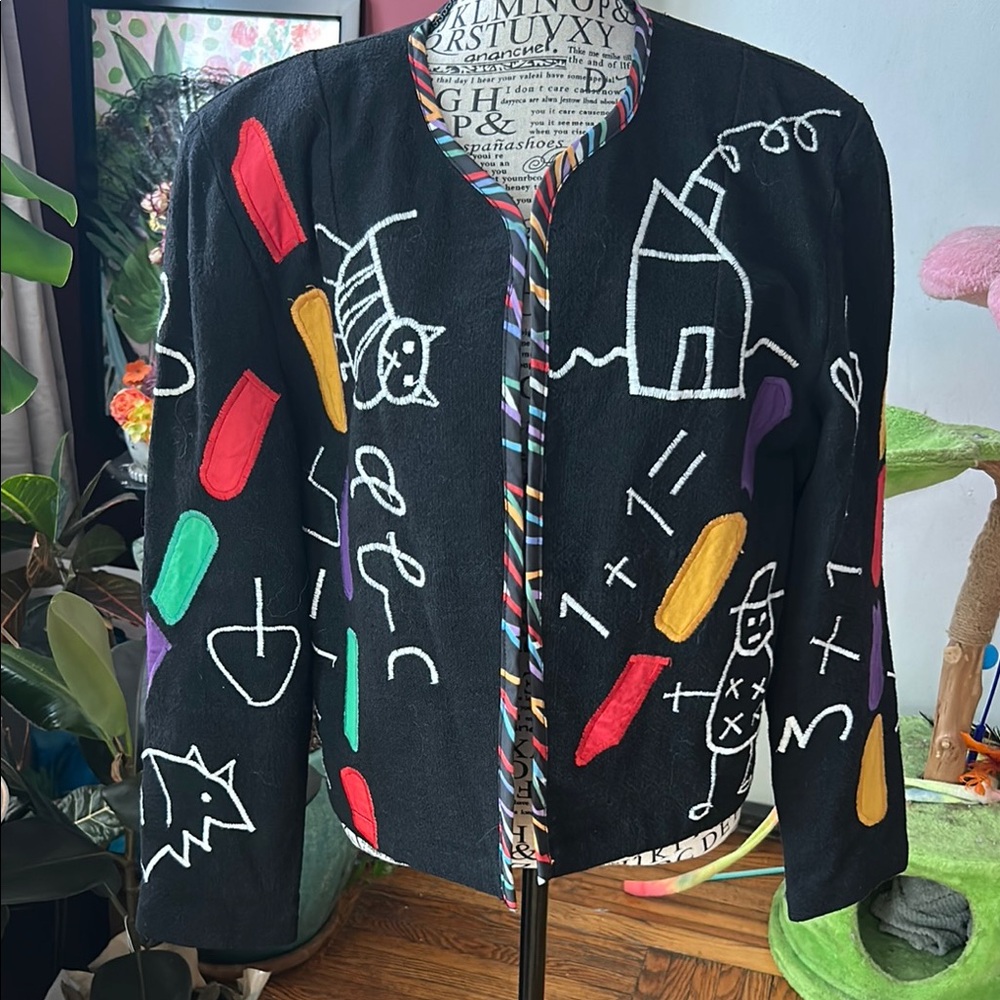 Vintage Spirit Black Multicolor Graphic Blazer